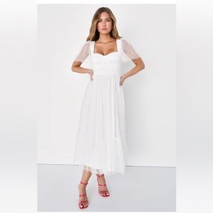 Lulu’s Dreamy Celebration White Tulle Bustier Swiss Dot Midi Dress